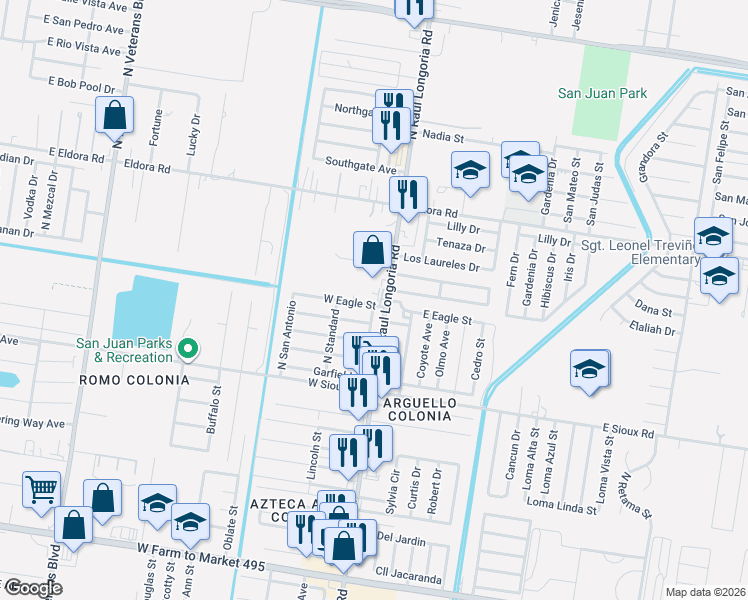 map of restaurants, bars, coffee shops, grocery stores, and more near 2400 North Raul Longoria Road in San Juan