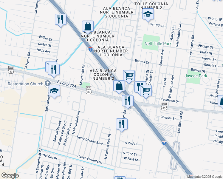 map of restaurants, bars, coffee shops, grocery stores, and more near 905 Frontage Road in Mission