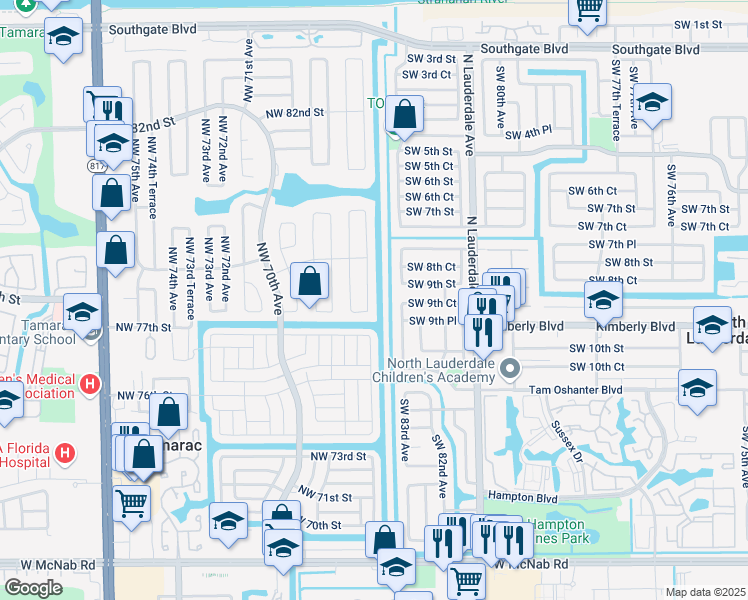 map of restaurants, bars, coffee shops, grocery stores, and more near 7804 Northwest 66th Terrace in Tamarac