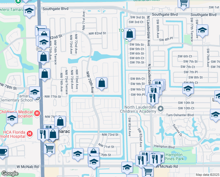map of restaurants, bars, coffee shops, grocery stores, and more near 7804 Northwest 68th Avenue in Tamarac