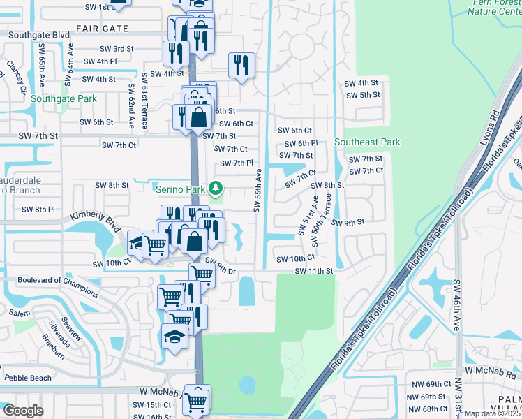 map of restaurants, bars, coffee shops, grocery stores, and more near 880 Southwest 55th Avenue in Margate