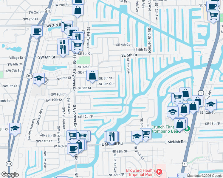 map of restaurants, bars, coffee shops, grocery stores, and more near 330 Southeast 9th Street in Pompano Beach