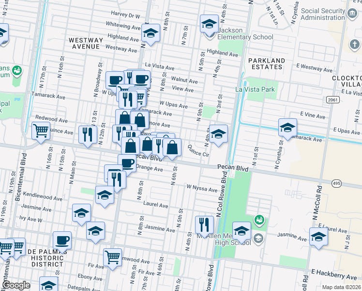 map of restaurants, bars, coffee shops, grocery stores, and more near 1704 North 6th Street in McAllen