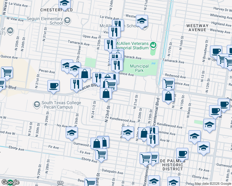 map of restaurants, bars, coffee shops, grocery stores, and more near 2248 Orange Avenue in McAllen