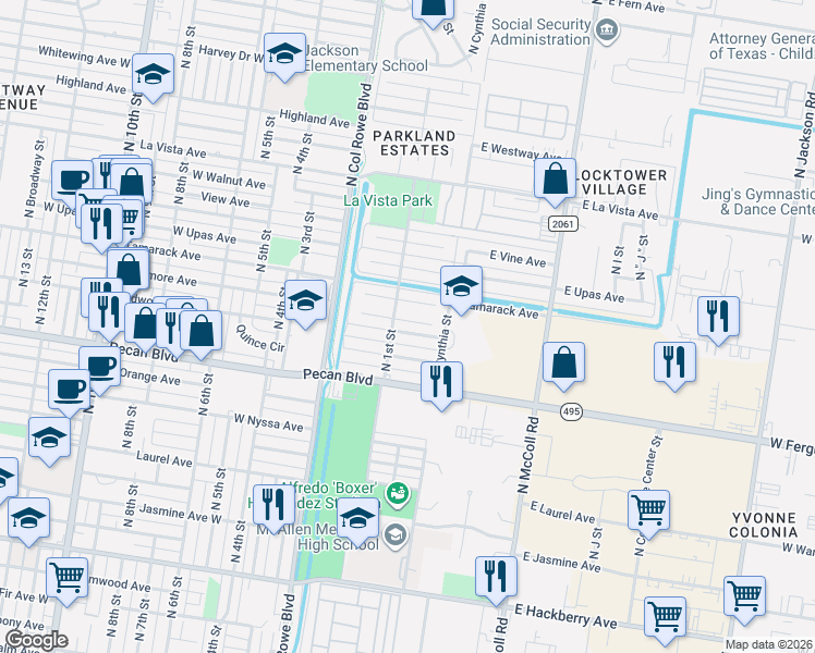 map of restaurants, bars, coffee shops, grocery stores, and more near 108 East Sycamore Avenue in McAllen