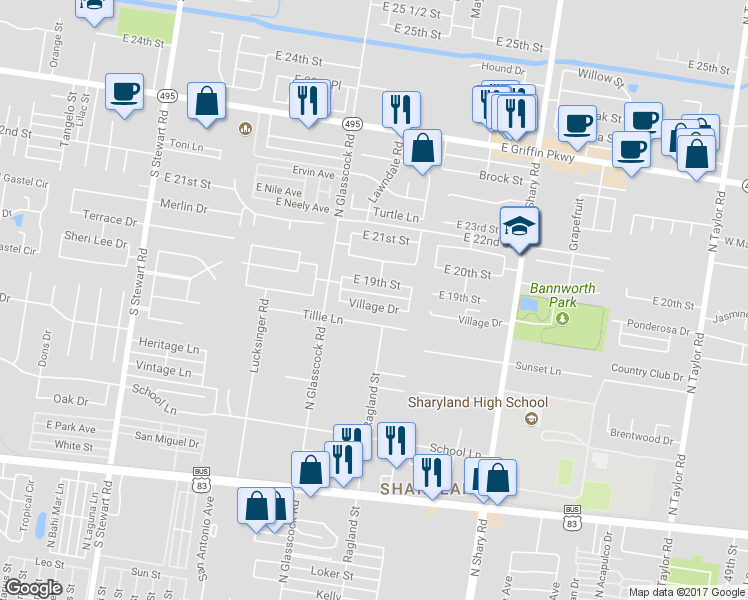 map of restaurants, bars, coffee shops, grocery stores, and more near 2021 Village Drive in Mission