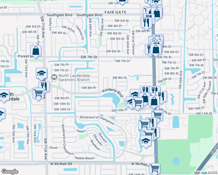 map of restaurants, bars, coffee shops, grocery stores, and more near 890 Southwest 63rd Way in North Lauderdale