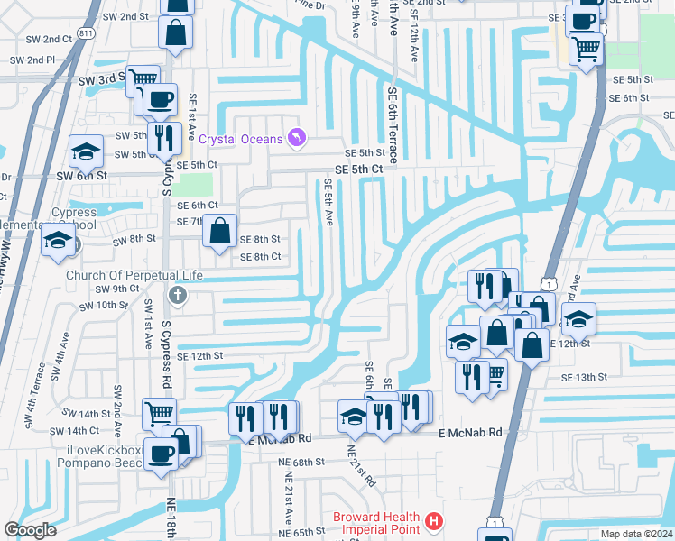 map of restaurants, bars, coffee shops, grocery stores, and more near 910 Southeast 5th Avenue in Pompano Beach