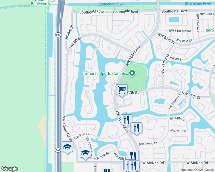 map of restaurants, bars, coffee shops, grocery stores, and more near 7715 Southampton Terrace in Tamarac