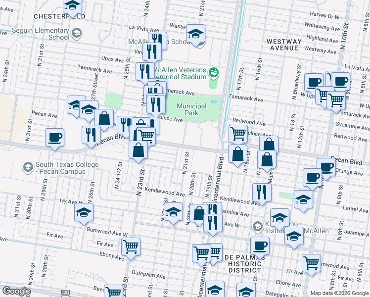 map of restaurants, bars, coffee shops, grocery stores, and more near 1420 North 21st Street in McAllen