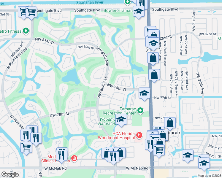 map of restaurants, bars, coffee shops, grocery stores, and more near 7735 Northwest 79th Avenue in Tamarac