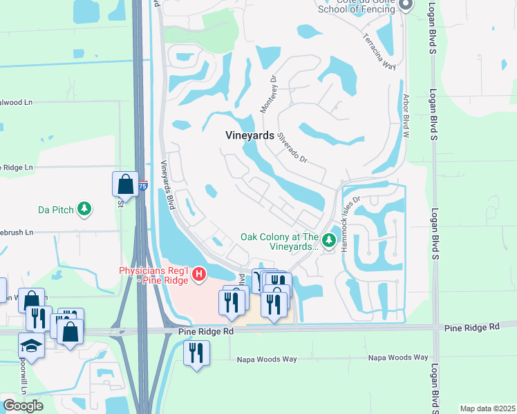map of restaurants, bars, coffee shops, grocery stores, and more near 156 Napa Ridge Way in Naples