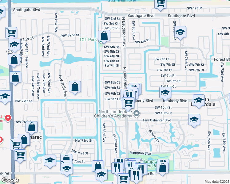 map of restaurants, bars, coffee shops, grocery stores, and more near 8201 Southwest 9th Court in North Lauderdale