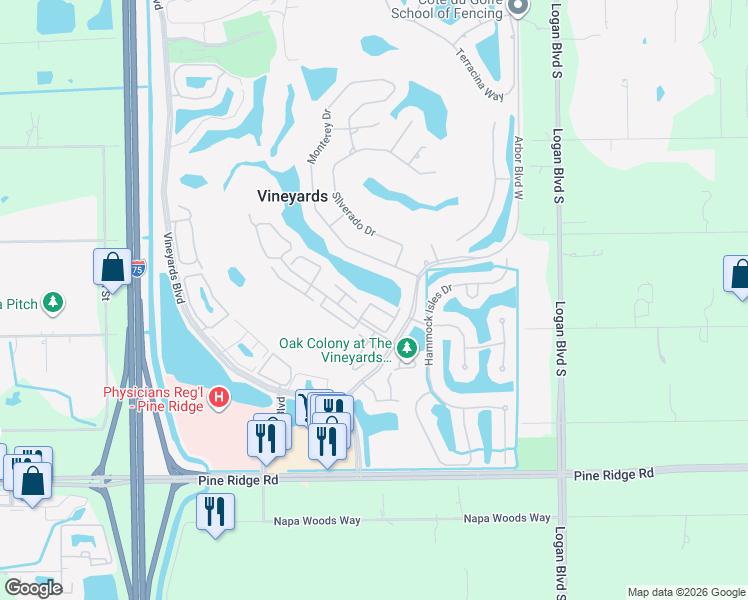 map of restaurants, bars, coffee shops, grocery stores, and more near 5957 Almaden Drive in Naples