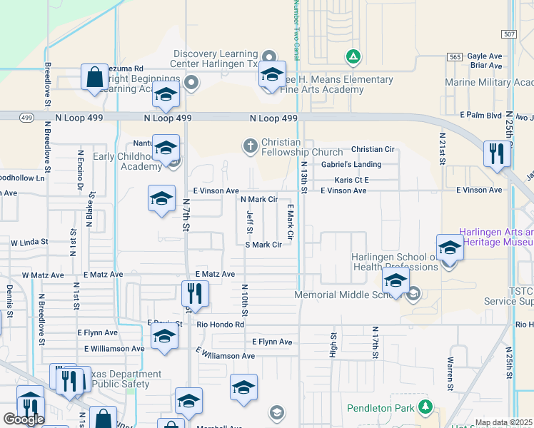 map of restaurants, bars, coffee shops, grocery stores, and more near 2614 Lou Ann Lane in Harlingen