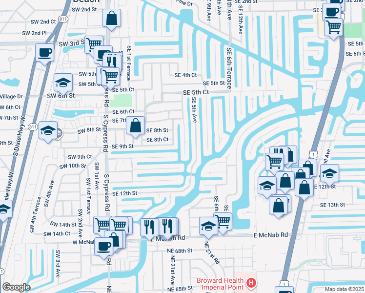 map of restaurants, bars, coffee shops, grocery stores, and more near 911 Southeast 4th Avenue in Pompano Beach