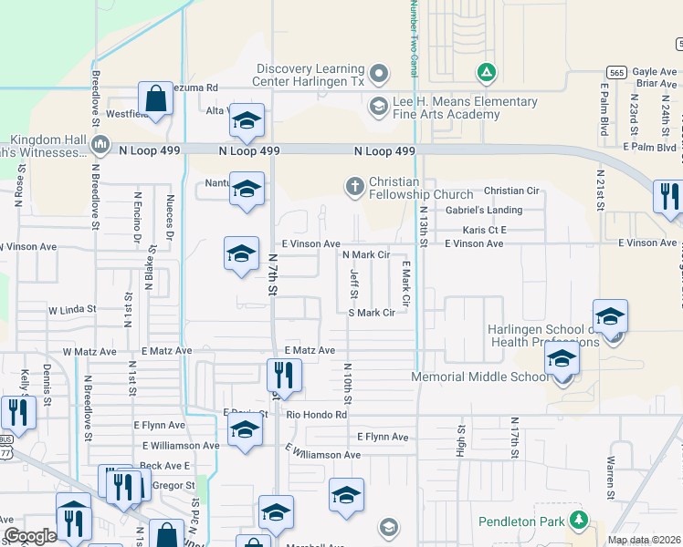 map of restaurants, bars, coffee shops, grocery stores, and more near 2614 W Mark Cir in Harlingen