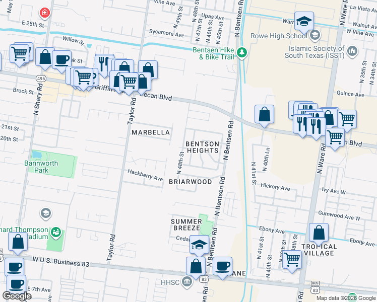 map of restaurants, bars, coffee shops, grocery stores, and more near 4713 Kendlewood Ave in McAllen