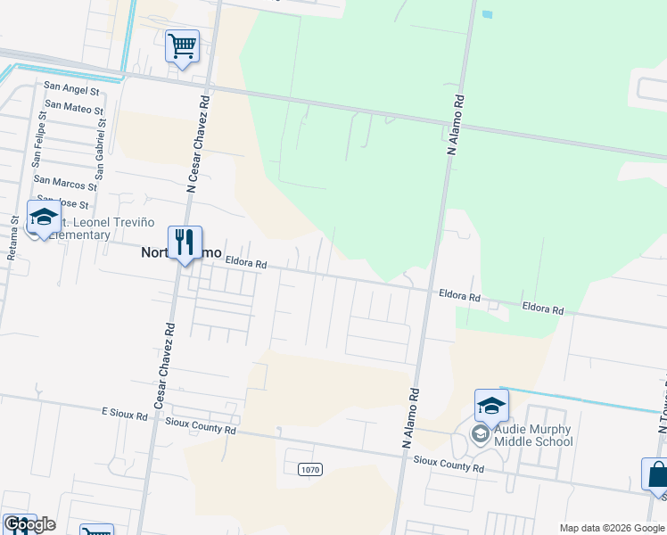 map of restaurants, bars, coffee shops, grocery stores, and more near 1308 Eldora Road in Alamo