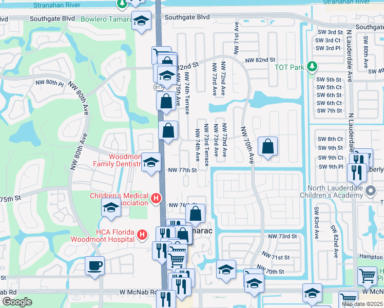 map of restaurants, bars, coffee shops, grocery stores, and more near 7804 Northwest 74th Terrace in Tamarac