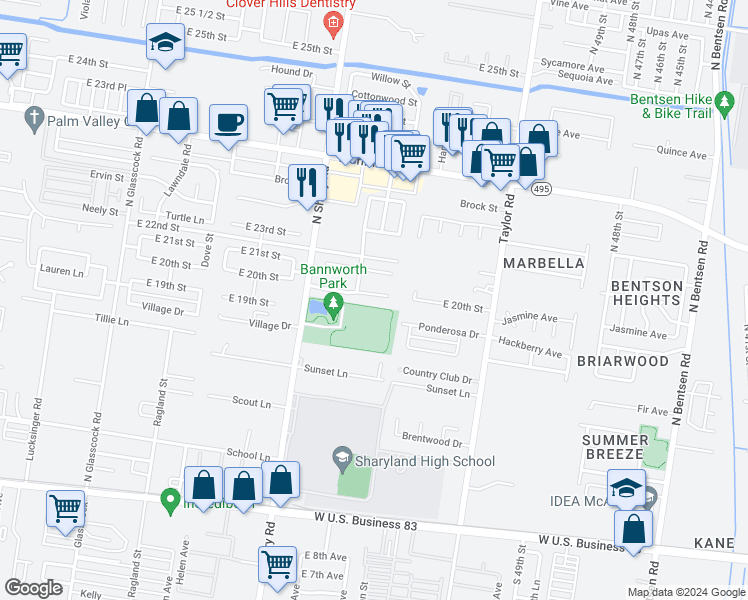 map of restaurants, bars, coffee shops, grocery stores, and more near 2424 E 20th St in Mission