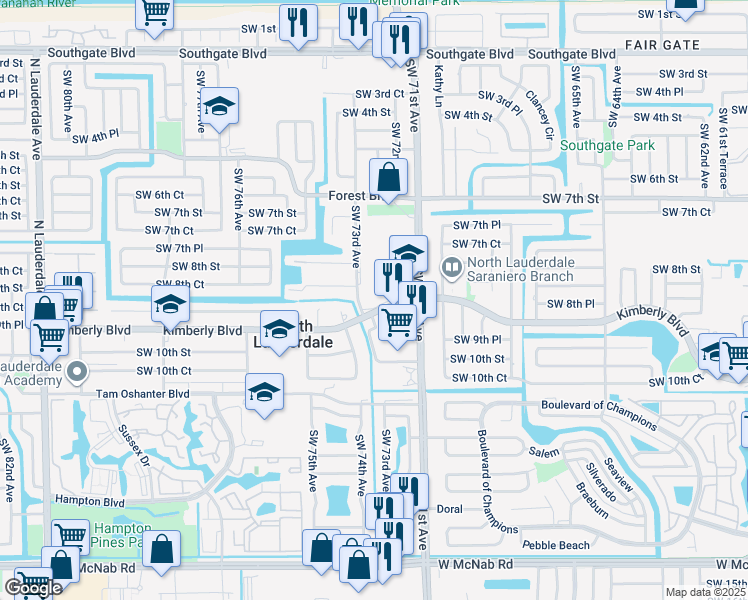 map of restaurants, bars, coffee shops, grocery stores, and more near 7201 Kimberly Boulevard in North Lauderdale