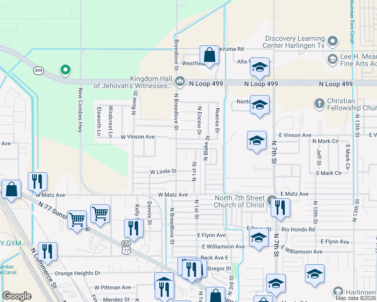 map of restaurants, bars, coffee shops, grocery stores, and more near 2618 East Euna Court in Harlingen