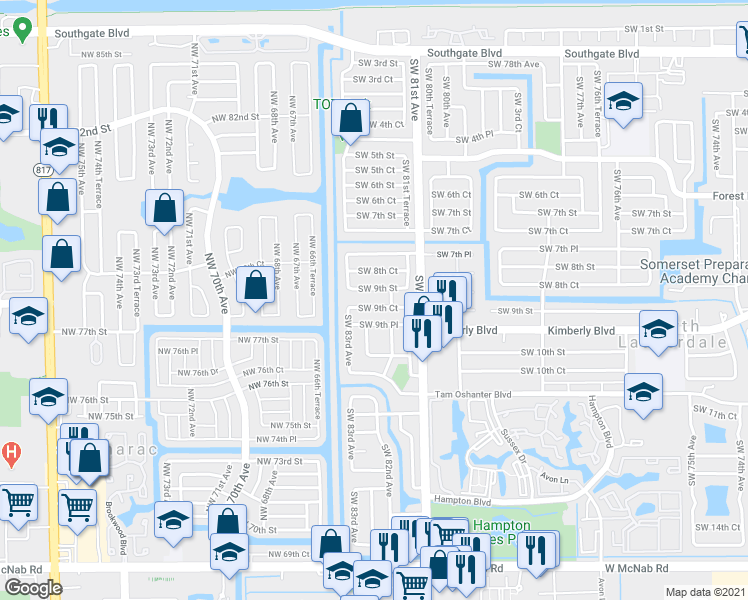 map of restaurants, bars, coffee shops, grocery stores, and more near 8201 Southwest 9th Court in North Lauderdale