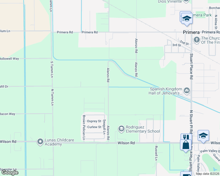 map of restaurants, bars, coffee shops, grocery stores, and more near Alanzo Road in Harlingen