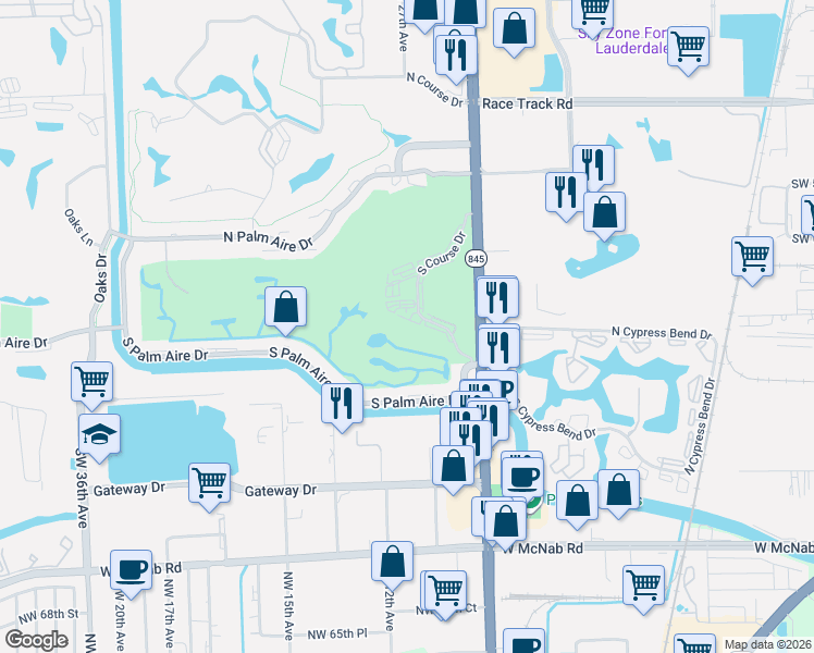 map of restaurants, bars, coffee shops, grocery stores, and more near 3001 South Course Drive in Pompano Beach
