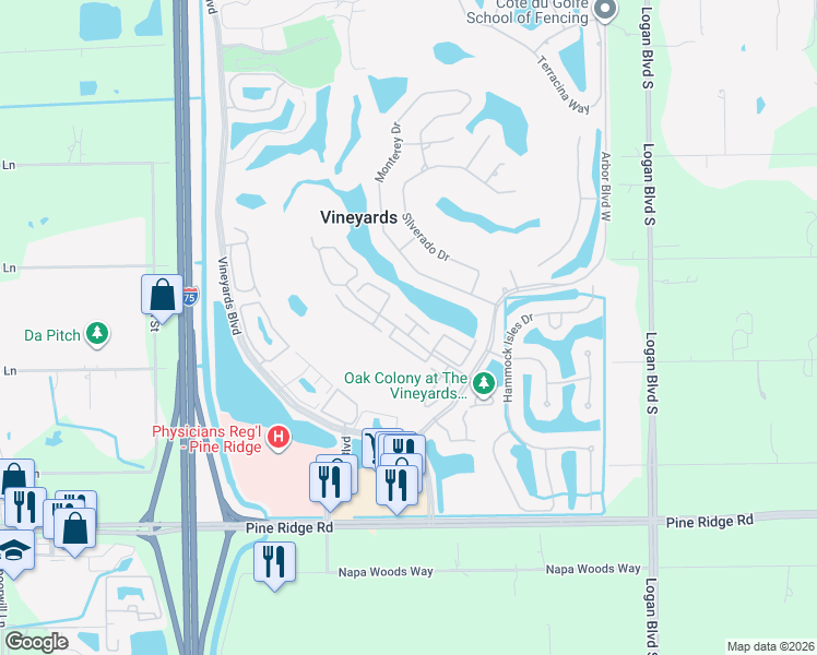 map of restaurants, bars, coffee shops, grocery stores, and more near 164 Vista Lane in Naples