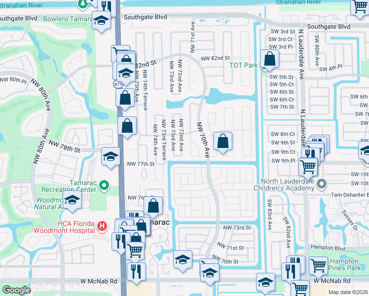 map of restaurants, bars, coffee shops, grocery stores, and more near 7806 Northwest 72nd Avenue in Tamarac