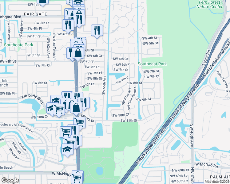 map of restaurants, bars, coffee shops, grocery stores, and more near 5355 Southwest 8th Street in Margate