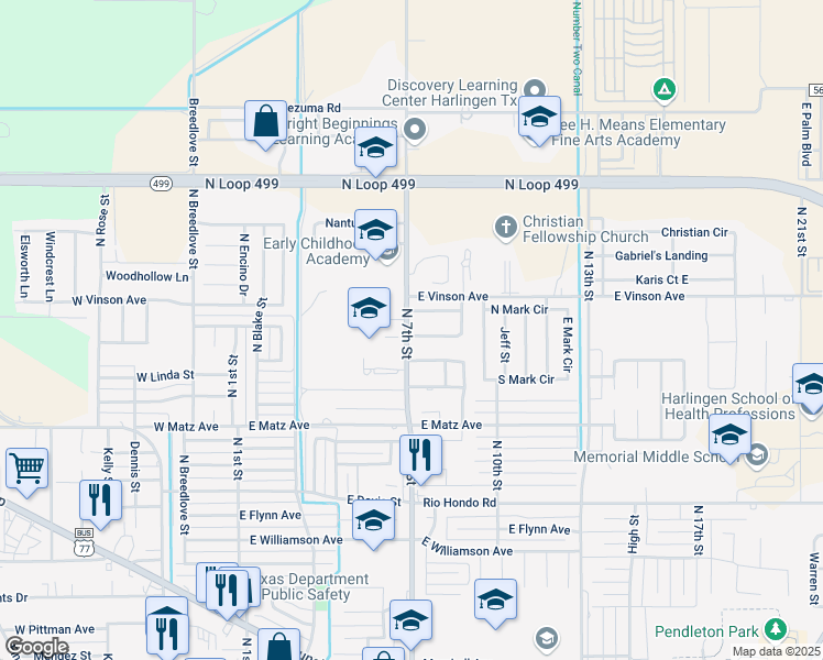 map of restaurants, bars, coffee shops, grocery stores, and more near 701 Country Dr N in Harlingen