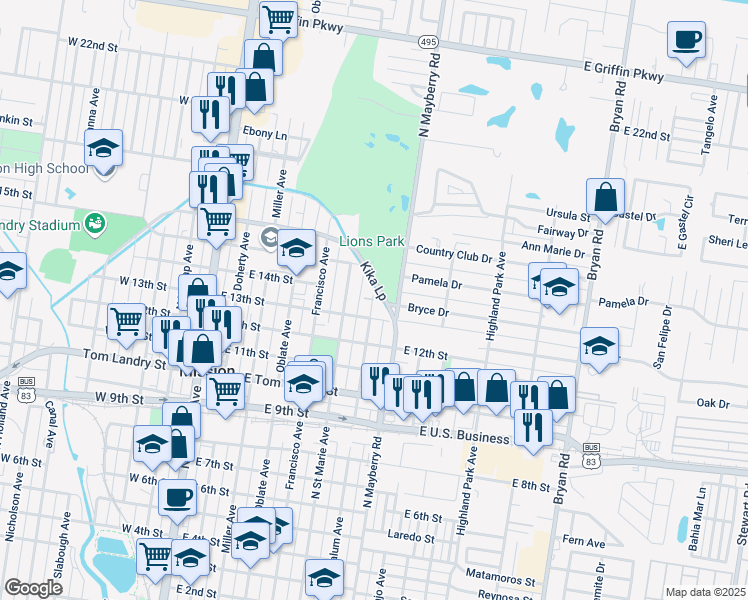 map of restaurants, bars, coffee shops, grocery stores, and more near 910 North Keralum Avenue in Mission
