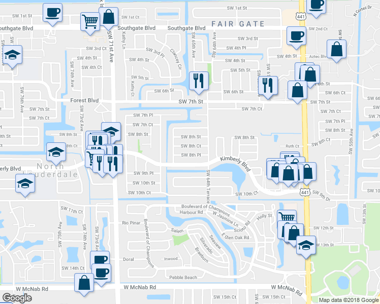 map of restaurants, bars, coffee shops, grocery stores, and more near 6515 Southwest 8th Place in North Lauderdale