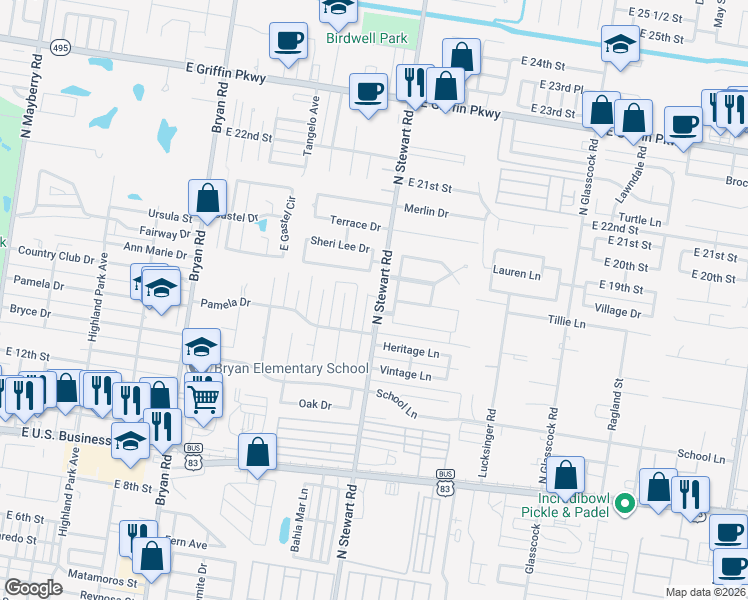 map of restaurants, bars, coffee shops, grocery stores, and more near 1506 Dora Jeanne Drive in Mission