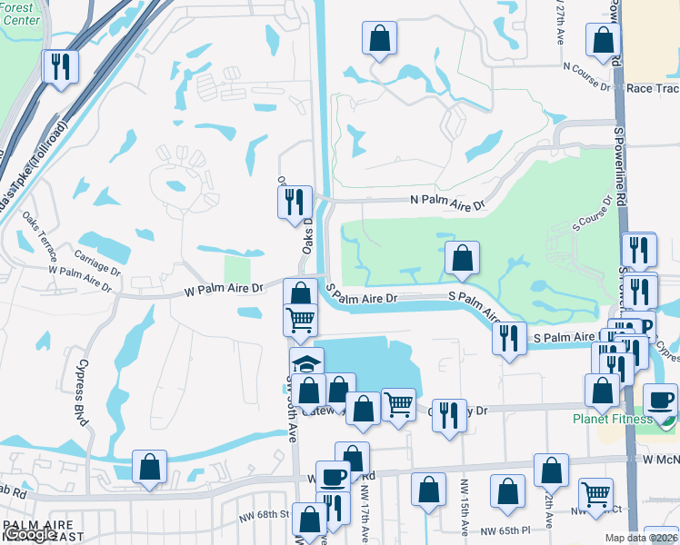 map of restaurants, bars, coffee shops, grocery stores, and more near 86810 West Palm Aire Drive in Pompano Beach