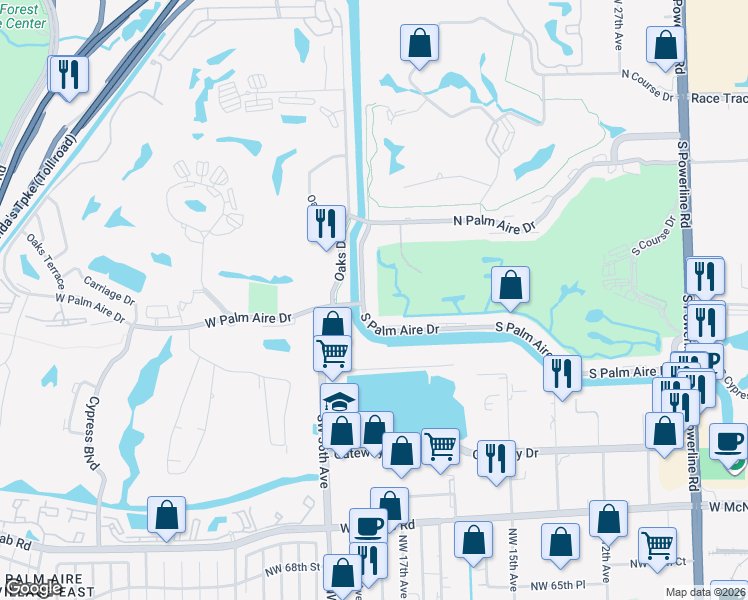 map of restaurants, bars, coffee shops, grocery stores, and more near 3300 North Palm Aire Drive in Pompano Beach