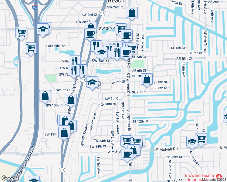 map of restaurants, bars, coffee shops, grocery stores, and more near 191 Southwest 9th Street in Pompano Beach