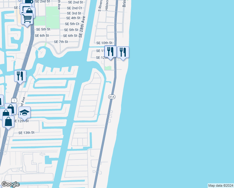 map of restaurants, bars, coffee shops, grocery stores, and more near 1370 South Ocean Boulevard in Pompano Beach