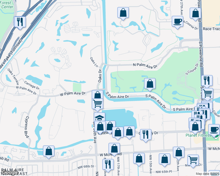 map of restaurants, bars, coffee shops, grocery stores, and more near 86810 West Palm Aire Drive in Pompano Beach
