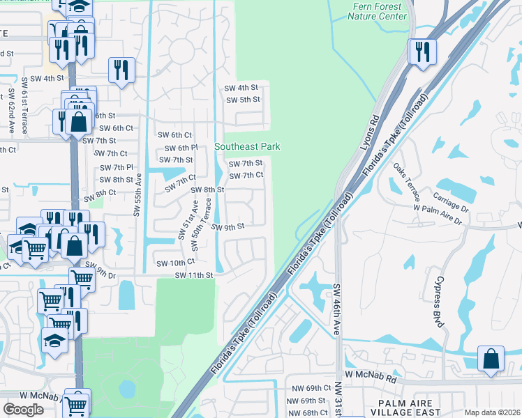 map of restaurants, bars, coffee shops, grocery stores, and more near 851 Southwest 49th Way in Margate