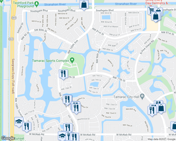 map of restaurants, bars, coffee shops, grocery stores, and more near 7725 Northwest 77th Street in Tamarac
