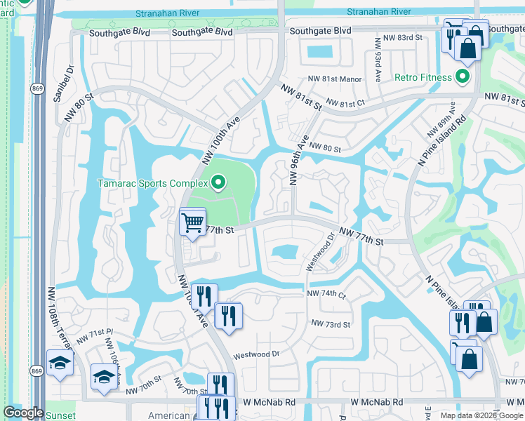 map of restaurants, bars, coffee shops, grocery stores, and more near 7725 Northwest 77th Street in Tamarac