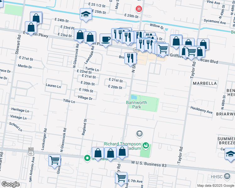 map of restaurants, bars, coffee shops, grocery stores, and more near 2307 East 19th Street in Mission