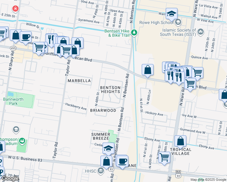 map of restaurants, bars, coffee shops, grocery stores, and more near 4604 Kendlewood Courts in McAllen
