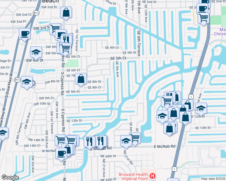 map of restaurants, bars, coffee shops, grocery stores, and more near 911 Southeast 4th Avenue in Pompano Beach