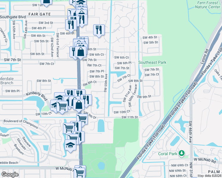 map of restaurants, bars, coffee shops, grocery stores, and more near 5355 Southwest 8th Street in Margate