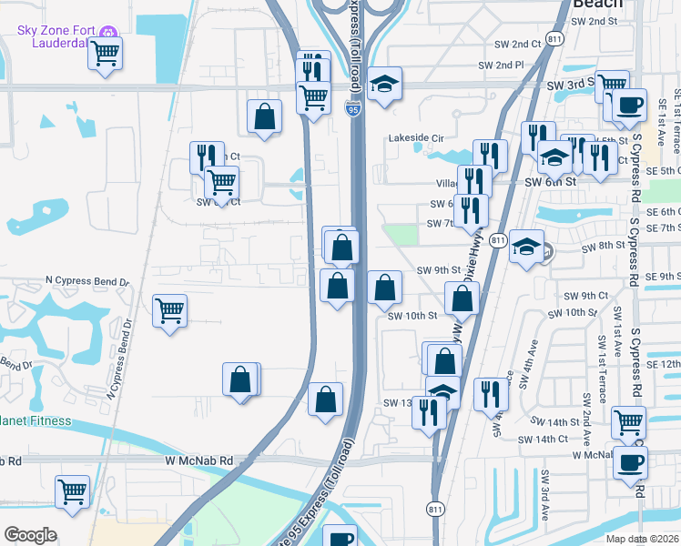 map of restaurants, bars, coffee shops, grocery stores, and more near 854 Southwest 10th Avenue in Pompano Beach